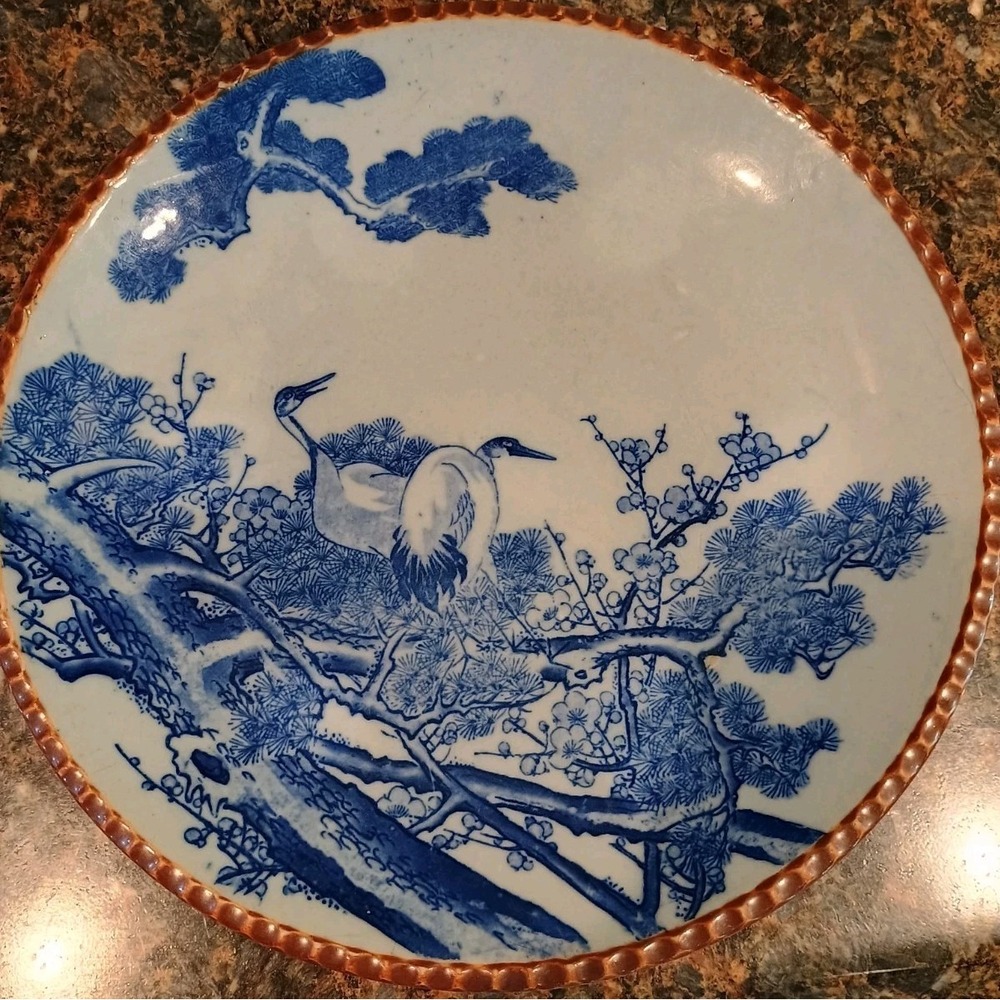 Japanese Igezara Blue and White Porcelain & Pottery Plate Collectible Crane‎